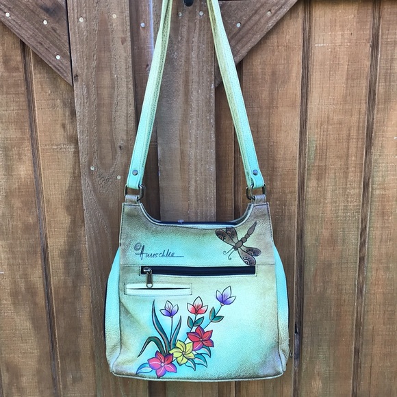 Anuschka Handpaint Leather Satchel Zip Around Shoulder Bag Floral EUC - Picture 3 of 13